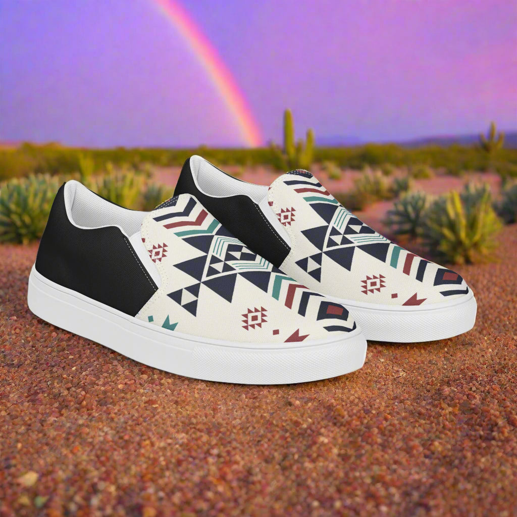 Supai Halftone Slip-on Canvas Shoes with Geometric Patterns in a Desert Scene