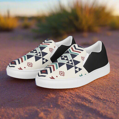 Supai Halftone Slip-on Canvas Shoes featuring a bold geometric design on a desert background