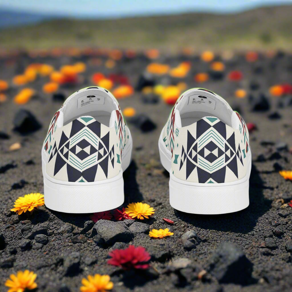 Supai Southwest Print Slip-on Canvas Shoes with Colorful Geometric Design on a Flower-Strewn Background