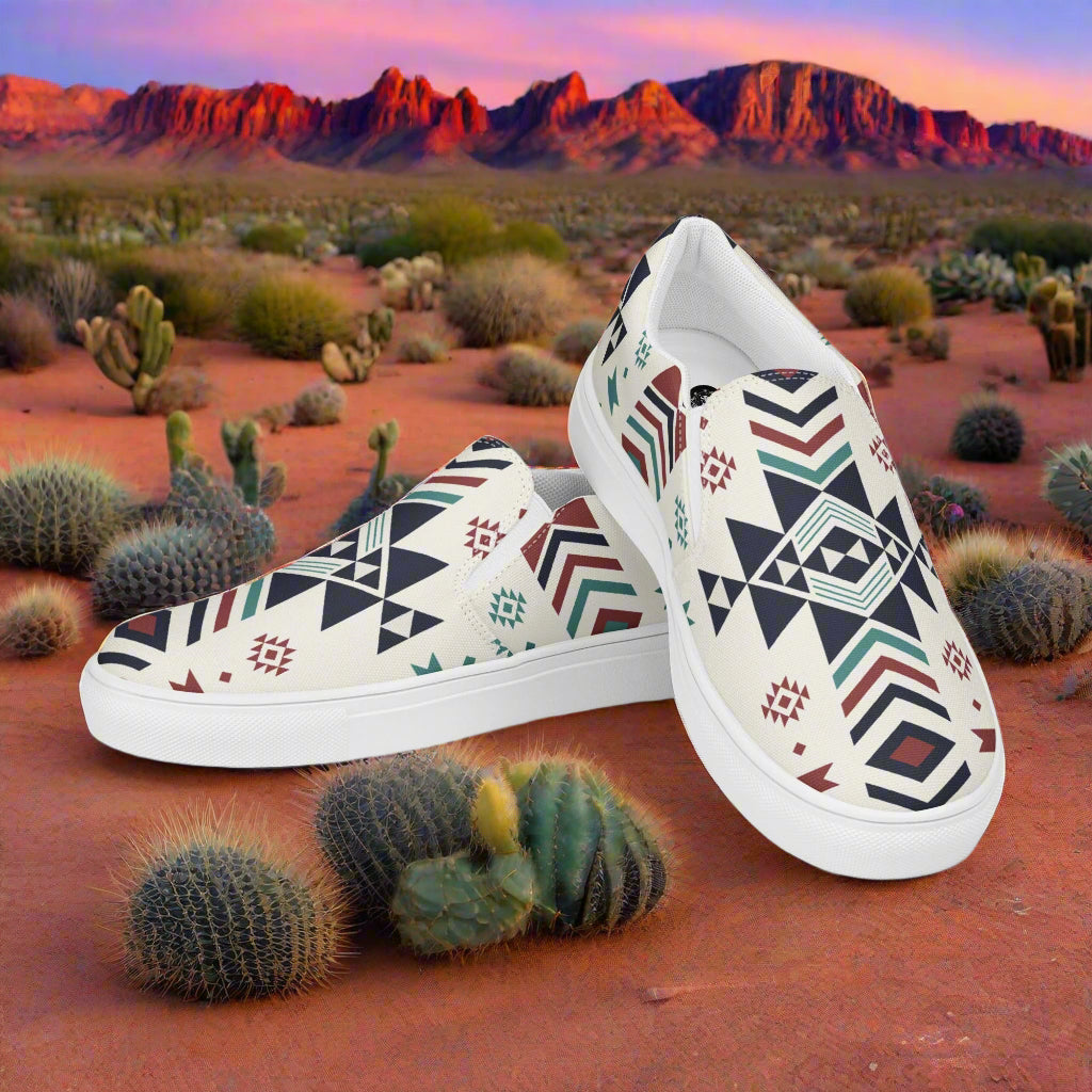 Supai Southwest Print Slip-on Canvas Shoes featuring vibrant tribal patterns against a desert backdrop