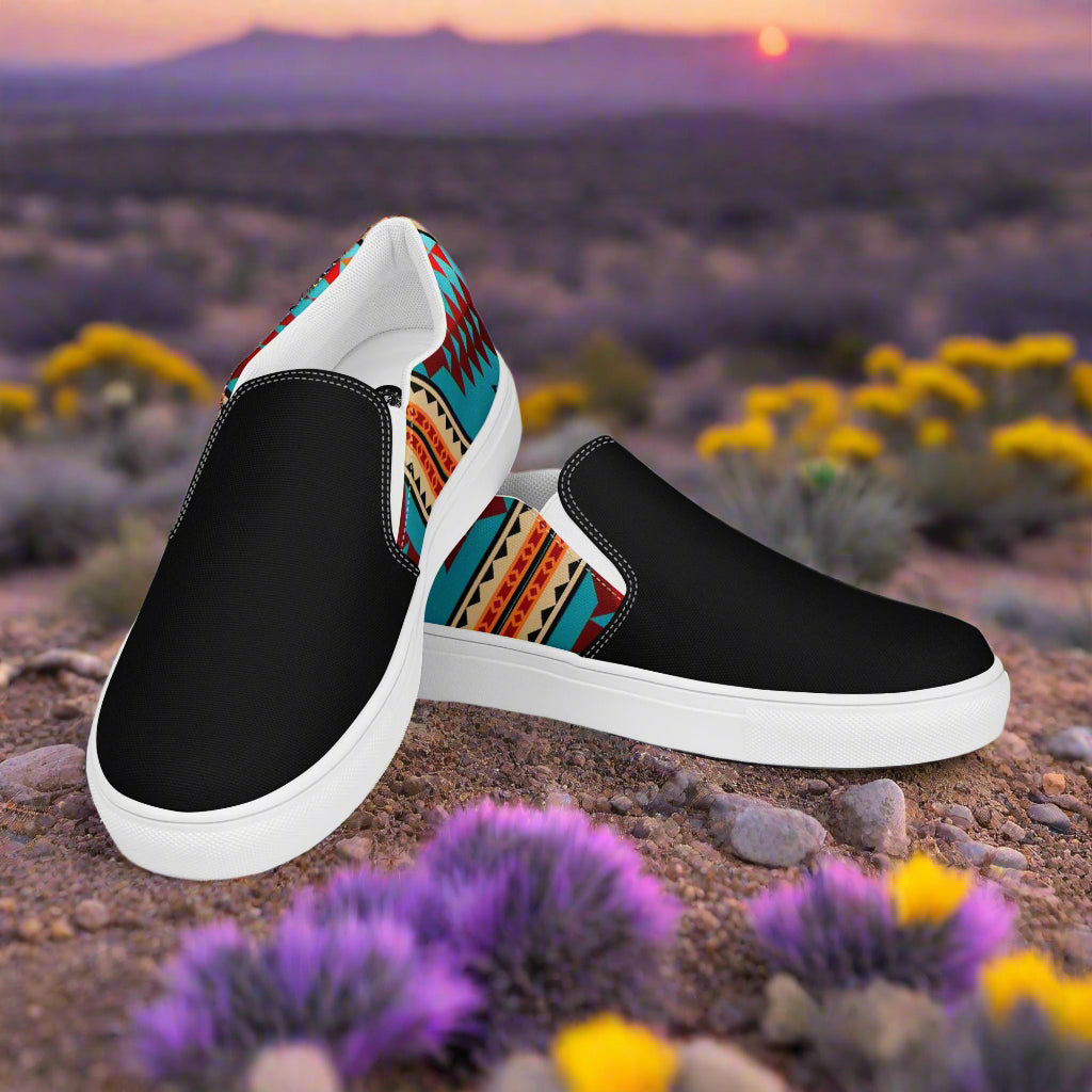 Slip-on Canvas Shoes Taos Two Tone featuring a stylish black design with vibrant tribal patterns