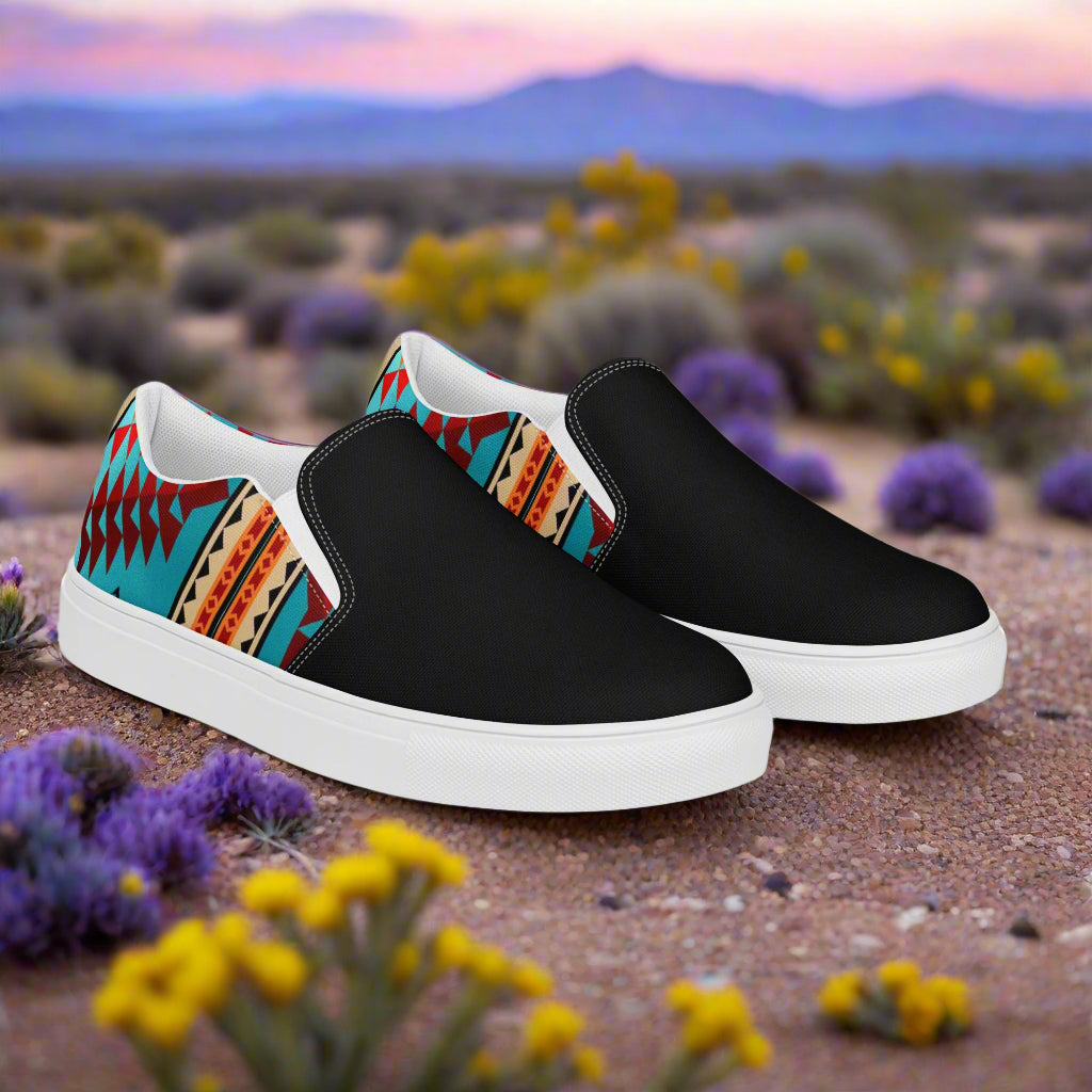 Slip-on Canvas Shoes Taos Two Tone featuring a vibrant tribal pattern with black accents