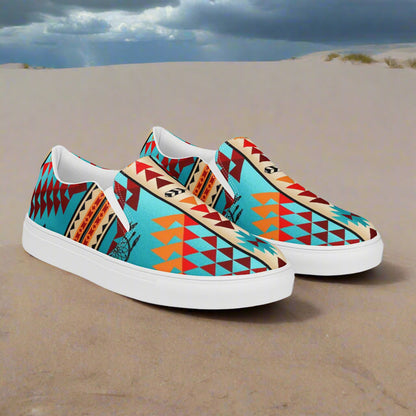 WildSage Market Southwest print slip on shoes Taos with vibrant geometric patterns and white soles