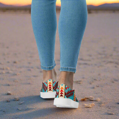 WildSage Market Southwest print slip on shoes Taos with colorful geometric design worn with jeans