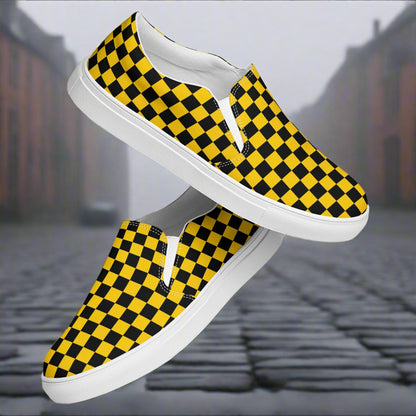 Taxi Chex Slip-On Canvas Shoes with a bold yellow and black checkerboard pattern for casual wear