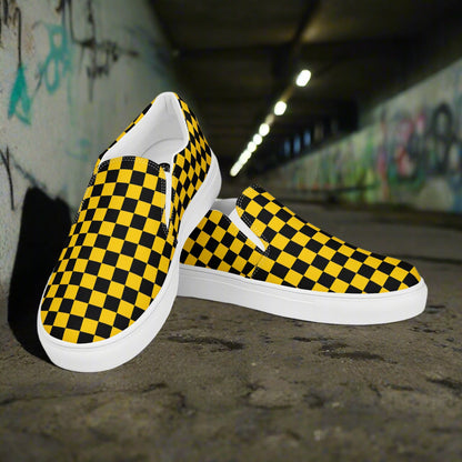 Taxi Chex Slip-On Canvas Shoes in yellow and black checker pattern for stylish casual wear