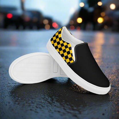 Taxi Chex Two Tone Slip-On Canvas Shoes in Black and Yellow Checkerboard Design for Casual Wear