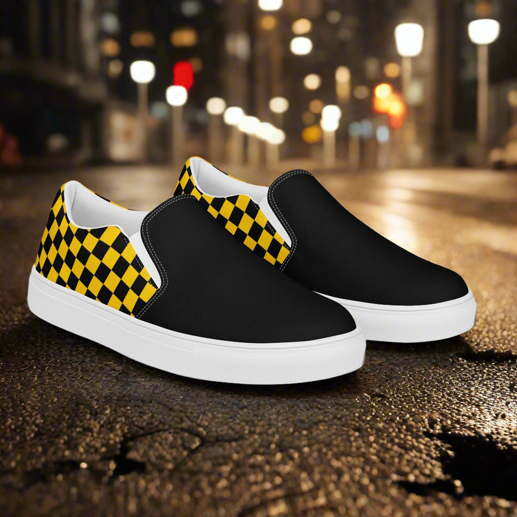 Taxi Chex Two Tone Slip-On Canvas Shoes with Black and Yellow Checkerboard Design