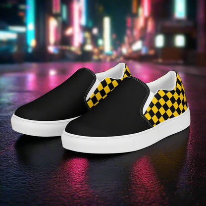 Taxi Chex Two Tone Slip-On Canvas Shoes in Black and Yellow Checkerboard for Stylish Comfort