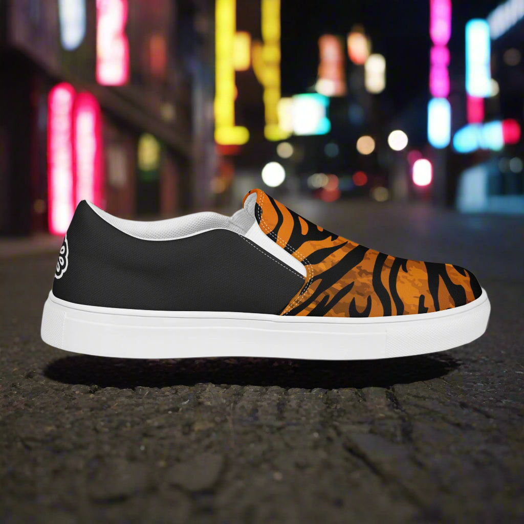WildSage Market slip on shoes with tiger print halftone design and black heel detail on white sole