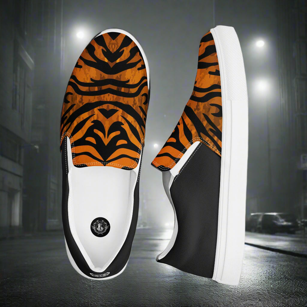 WildSage Market slip on shoes featuring bold tiger print halftone design with black and white sole