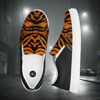 WildSage Market slip on shoes featuring bold tiger print halftone design with black and white sole