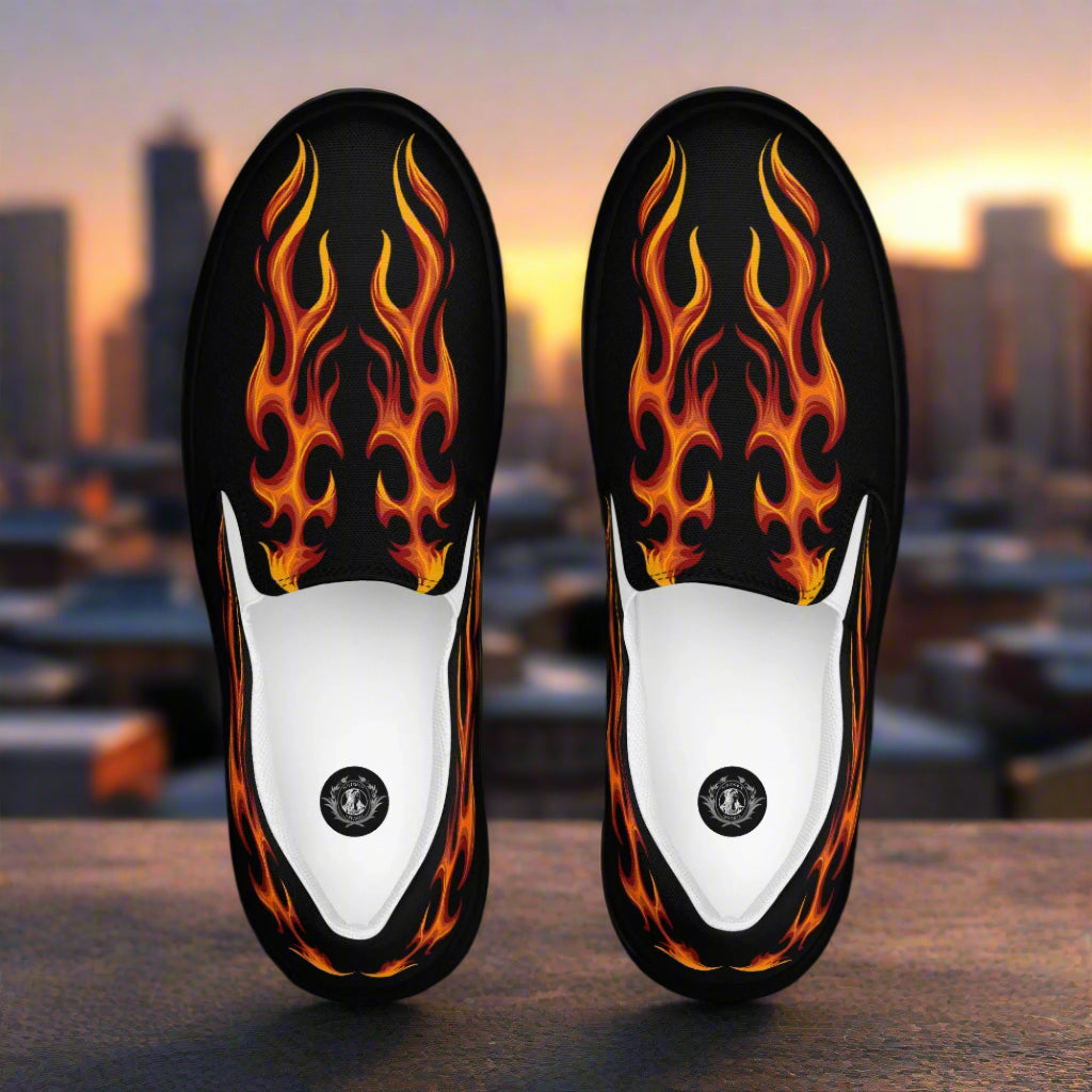 Tribal flame slip on canvas shoes featuring vibrant flame graphics for a bold style