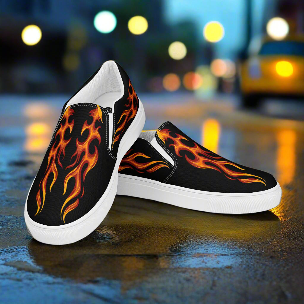 Tribal flame slip on canvas shoes with vibrant flame design for stylish casual wear