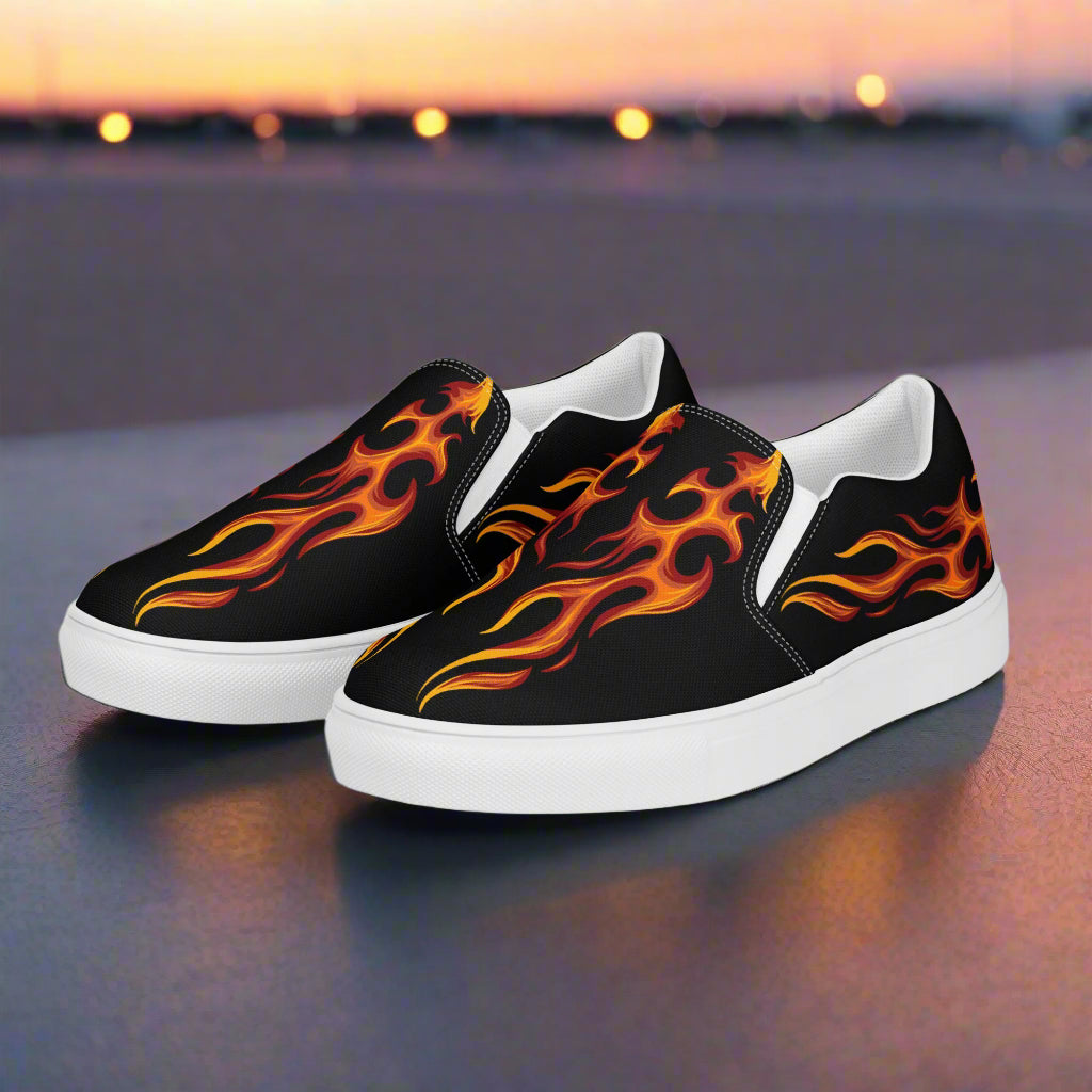 Tribal flame slip on canvas shoes with vibrant flame design, perfect for stylish and comfortable wear