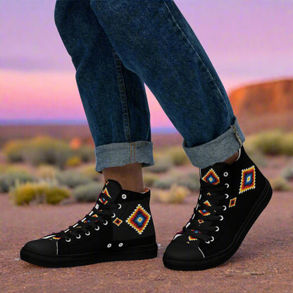 WildSage Market black High Top Canvas Shoes with colorful Southwestern diamond embroidery and rubber sole
