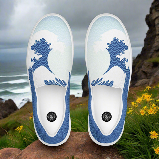 Tsunami Sky Slip-on Canvas Shoes featuring a wave design against a coastal backdrop