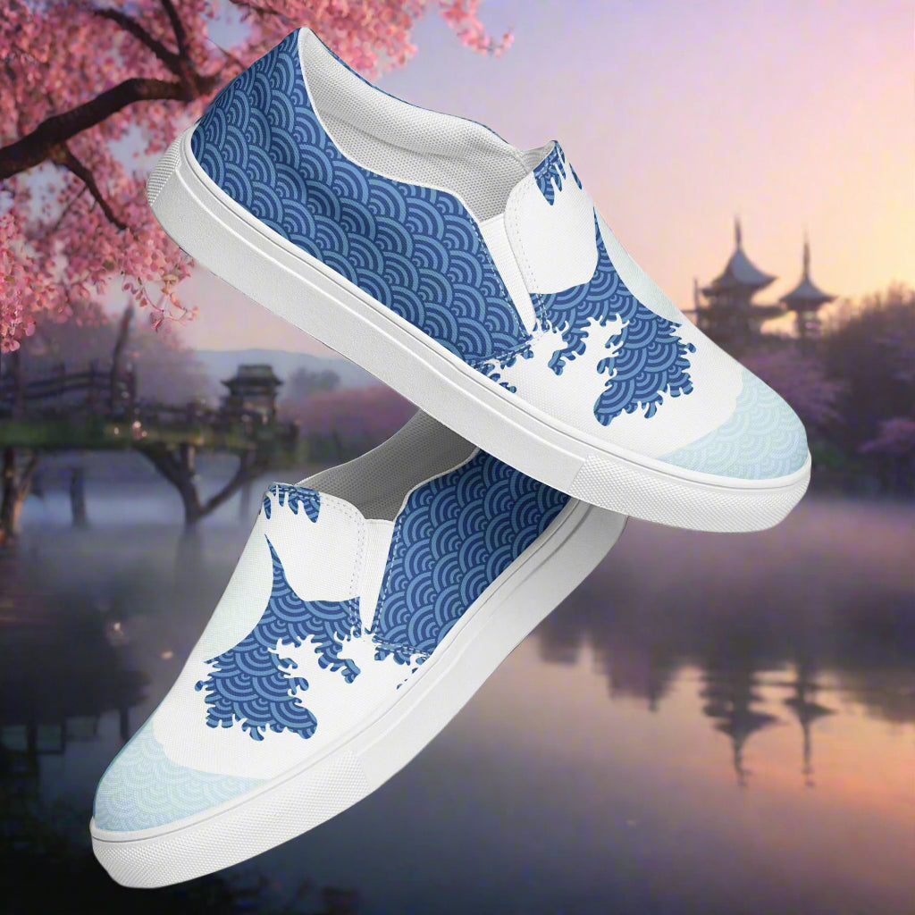 Tsunami Sky Slip-on Canvas Shoes featuring a blue wave design perfect for casual wear