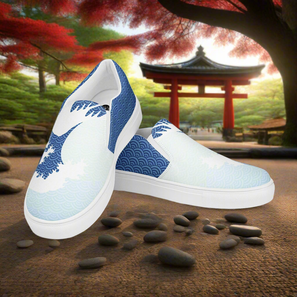 Tsunami Sky Slip-on Canvas Shoes with Wave Design in Blue and White for Stylish Comfort