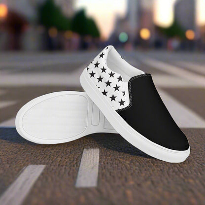 Two Tone Slip-On Canvas Shoes Black Star with black front and white back featuring black stars by WildSage Market