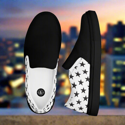 WildSage Market Two Tone Slip-On Canvas Shoes Black Star with black front and white star pattern sides