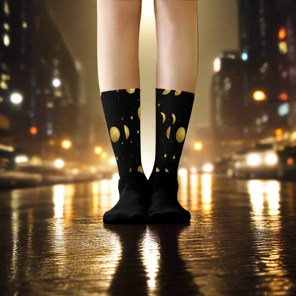 Unique Moon and Stars socks featuring a celestial design perfect for stargazers and dreamers