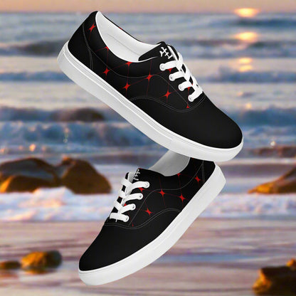 Custom Lace-up Canvas Shoes WildSage Market black sneakers with white laces and red star pattern by beach sunset