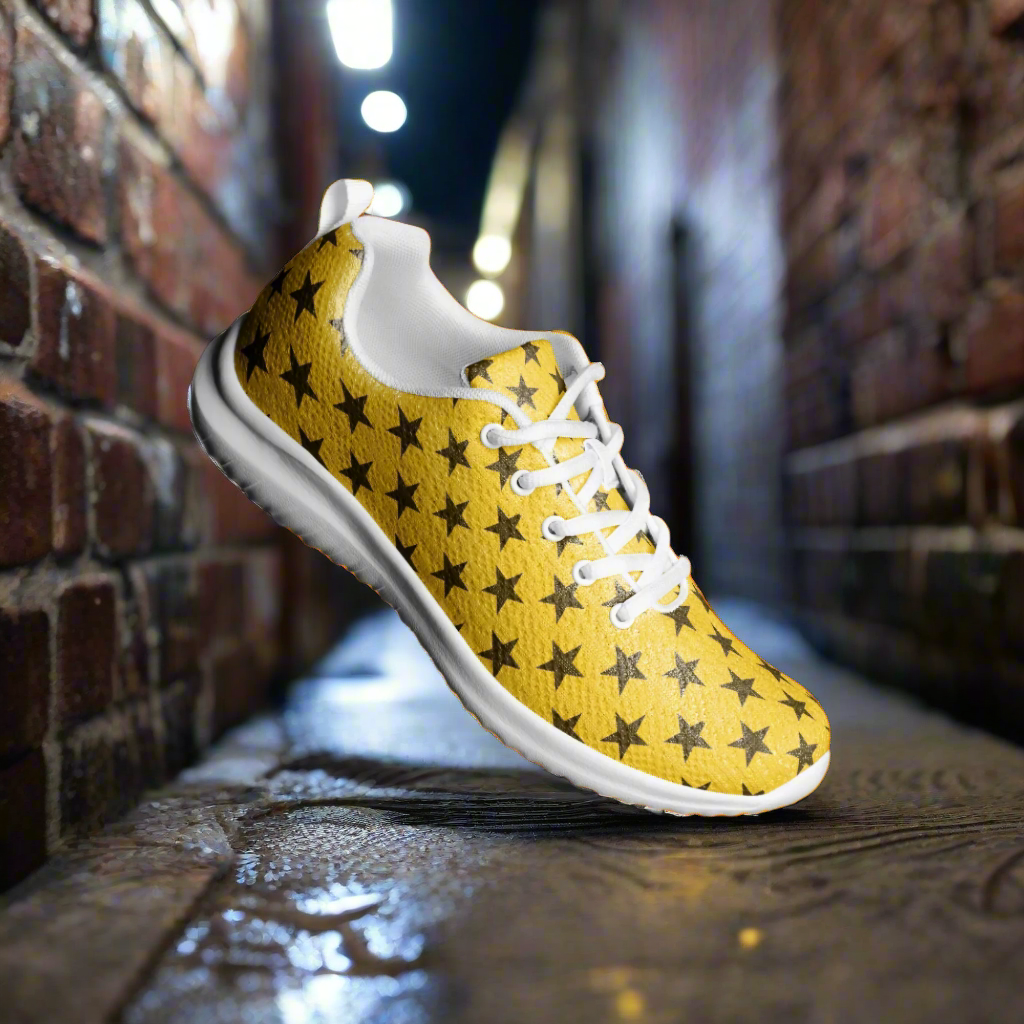WildSage Market womens yellow star print lace up sneaker with white sole and laces on wet alleyway Custom Athletic Shoes