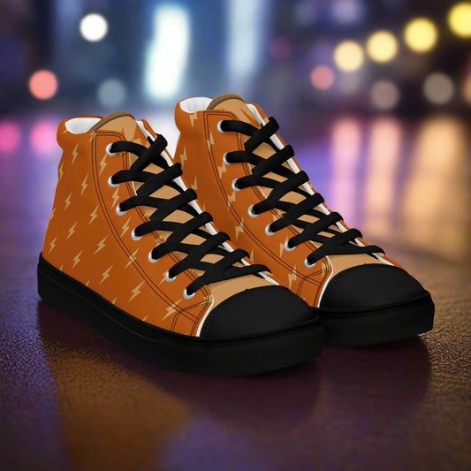 WildSage Market orange high top sneakers with lightning bolt print black laces and sole High Top Canvas Shoes