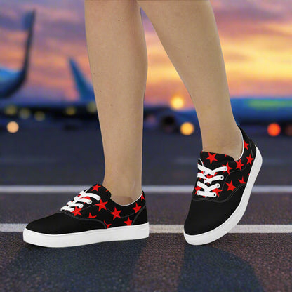 WildSage Market lace up red star pattern two tone lace-up canvas shoes on feet with white soles
