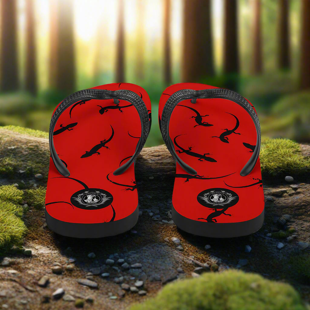 WildSage Market red lizard print flip flops with comfortable straps and stylish design