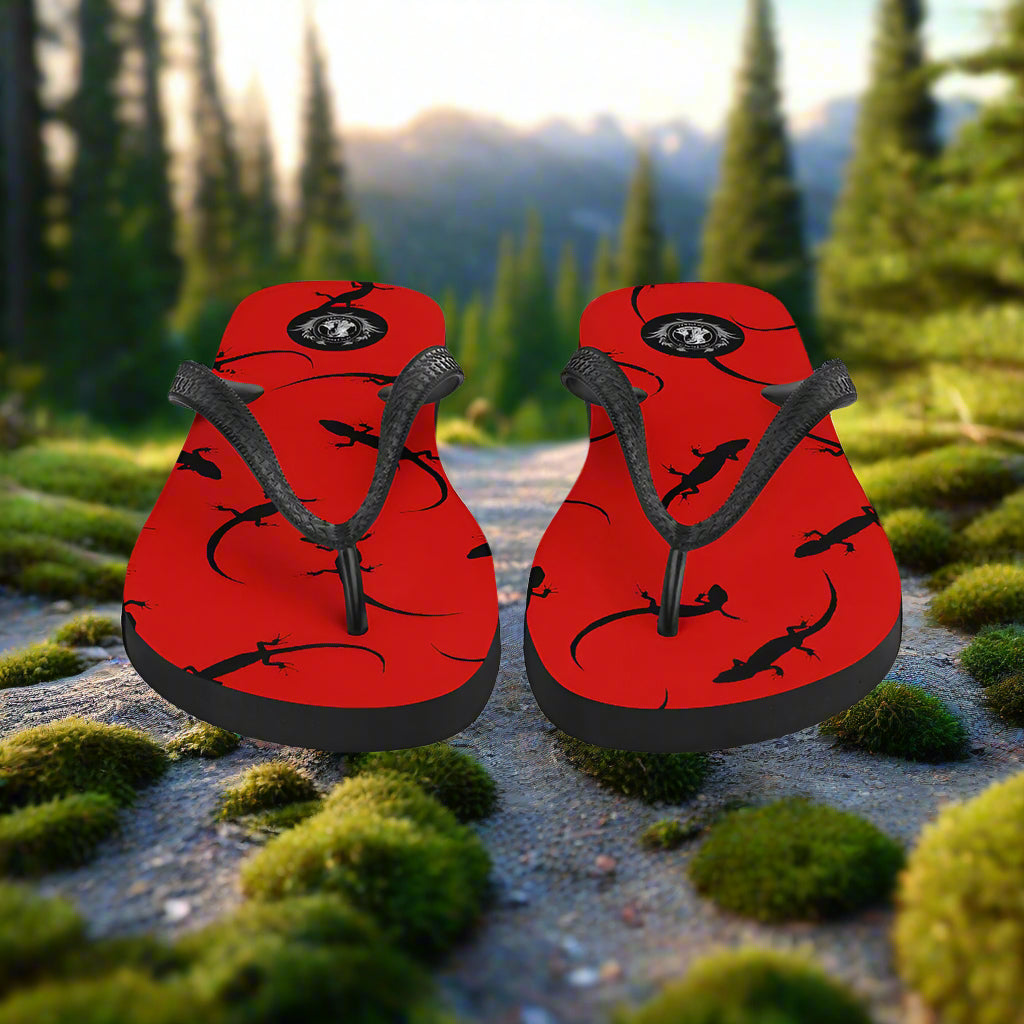 WildSage Market red lizard print flip flops with comfortable straps for casual outdoor wear