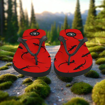 WildSage Market red lizard print flip flops with comfortable straps for casual outdoor wear