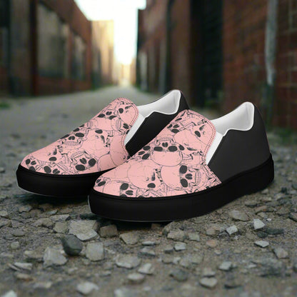 WildSage Market slip on pink skull pattern shoes with black soles and white interior lining