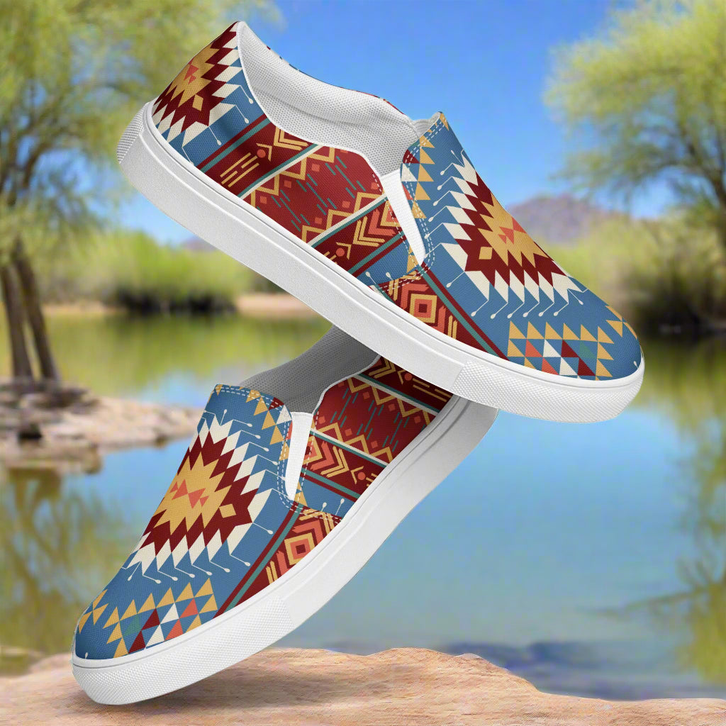 Slip-on Canvas Shoes Veyo Southwest Print featuring a colorful tribal pattern against a natural backdrop