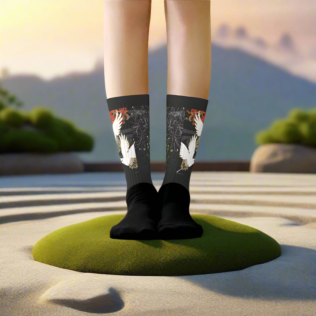 White Crane Unisex Black Bottom Socks featuring elegant crane design for comfortable everyday wear
