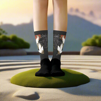 White Crane Unisex Black Bottom Socks featuring elegant crane design for comfortable everyday wear