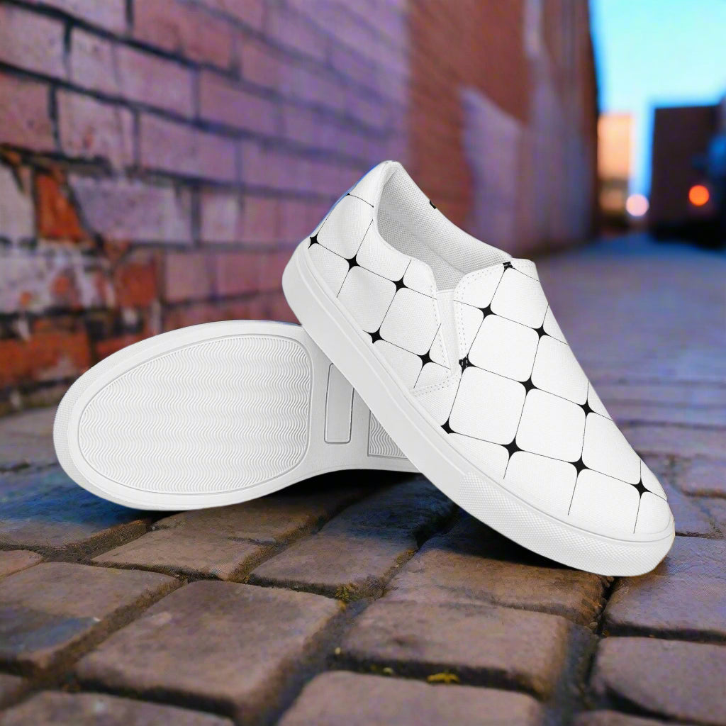 White Diamond Slip-on Canvas Shoes featuring a stylish diamond pattern and comfortable fit