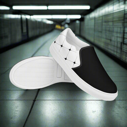 White Diamond Two Tone Slip-on Canvas Shoes with a sleek black and white design for stylish comfort