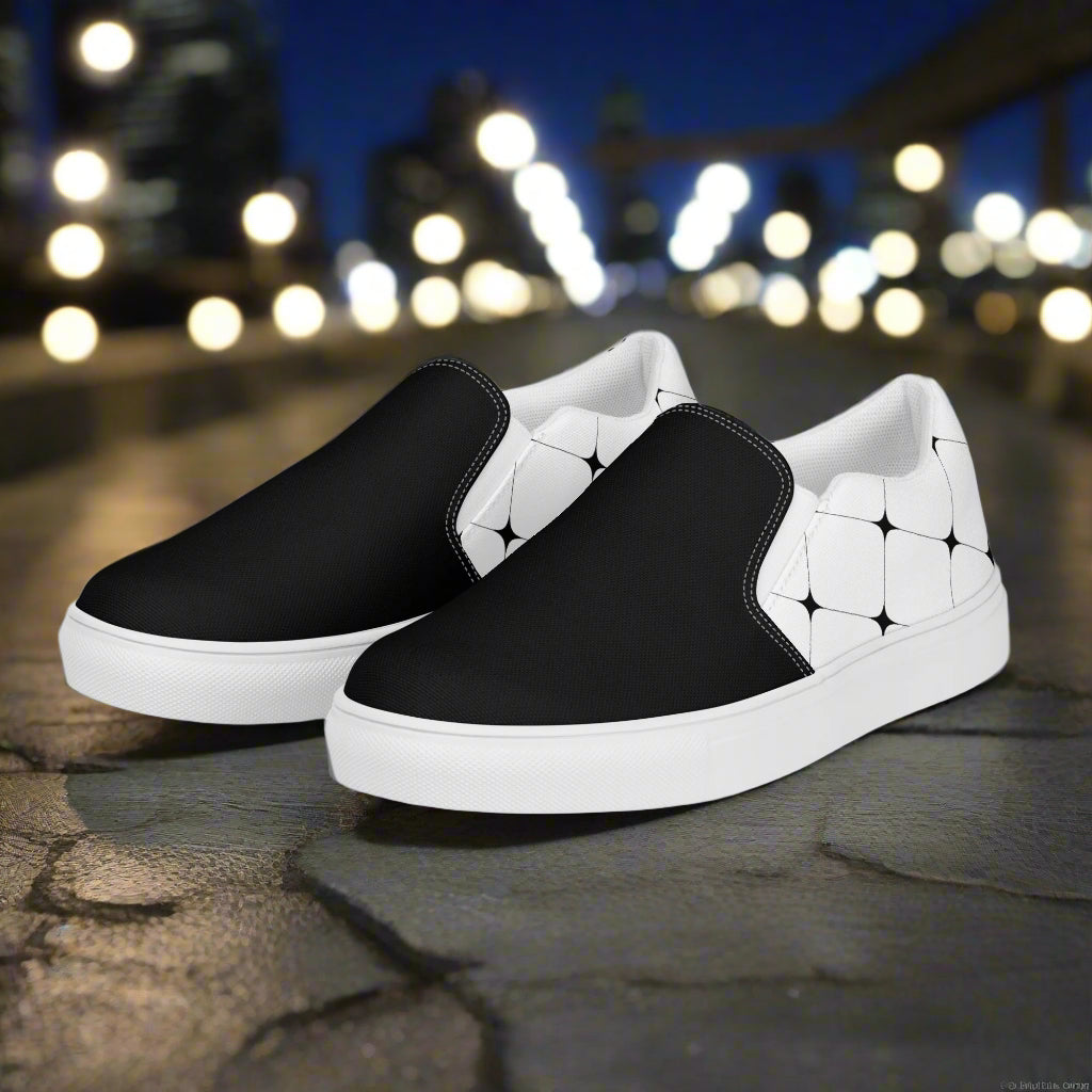 White Diamond Two Tone Slip-on Canvas Shoes with a sleek black and white design for casual wear