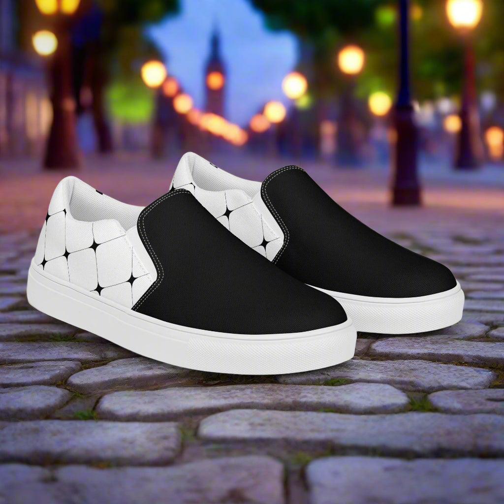 White Diamond Two Tone Slip-on Canvas Shoes with Stylish Black and White Design for Casual Wear