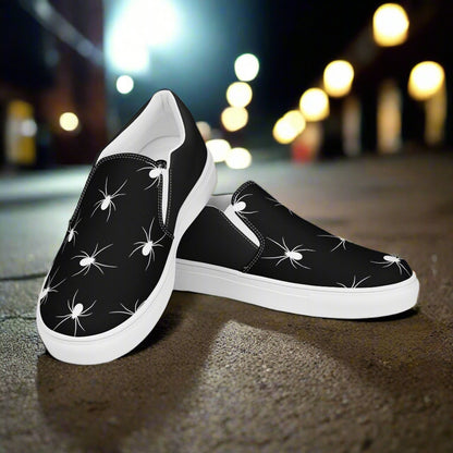 White Spiders Halftone Slip-On Canvas Shoes with a black background and stylish design for casual wear