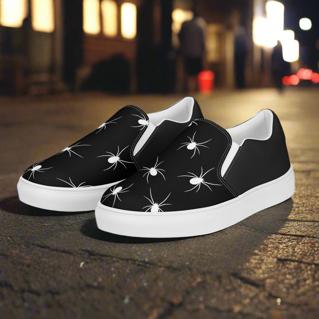 Stylish White Spiders Halftone Slip-On Canvas Shoes with a unique black design for casual wear