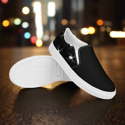 White Spiders Two Tone Slip-On Canvas Shoes featuring a sleek black design with stylish spider graphics