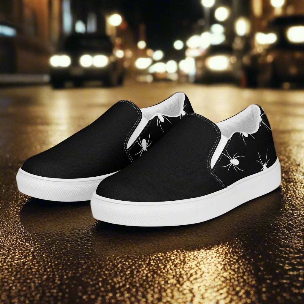 White Spiders Two Tone Slip-On Canvas Shoes featuring a stylish black and white design