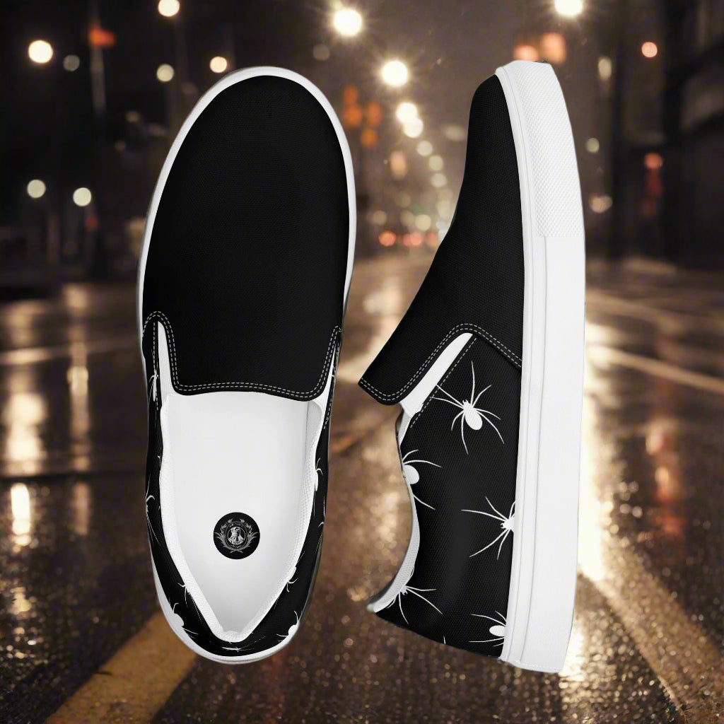 White Spiders Two Tone Slip-On Canvas Shoes featuring a sleek design with black and white colors
