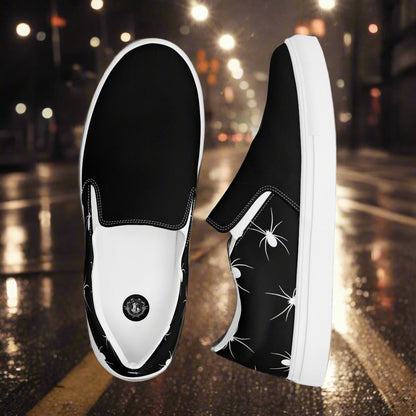 White Spiders Two Tone Slip-On Canvas Shoes featuring a sleek design with black and white colors