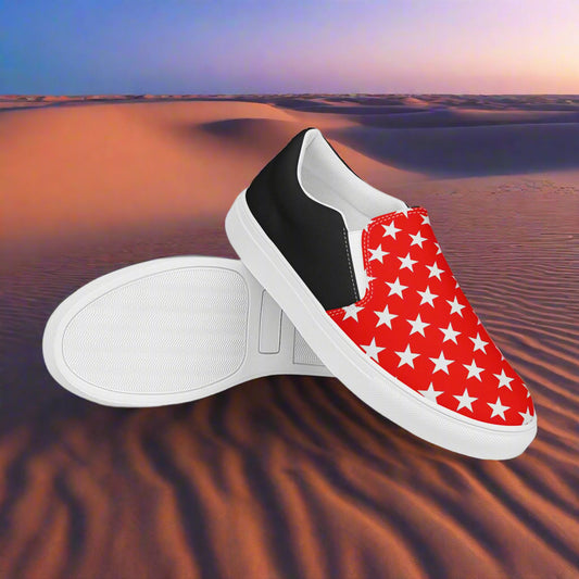 White Star Red Halftone Slip-On Canvas Shoes by WildSage Market with white stars and black heel on a desert sand background