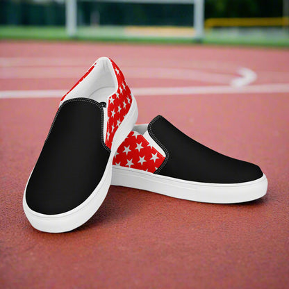 White Star Red Two Tone Slip-On Canvas Shoes by WildSage Market with black front and red star pattern back
