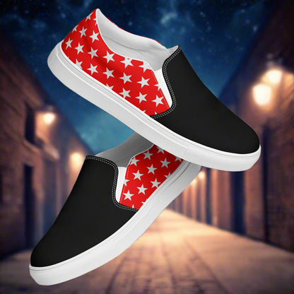 White Star Red Two Tone Slip-On Canvas Shoes by WildSage Market with black front and star pattern back